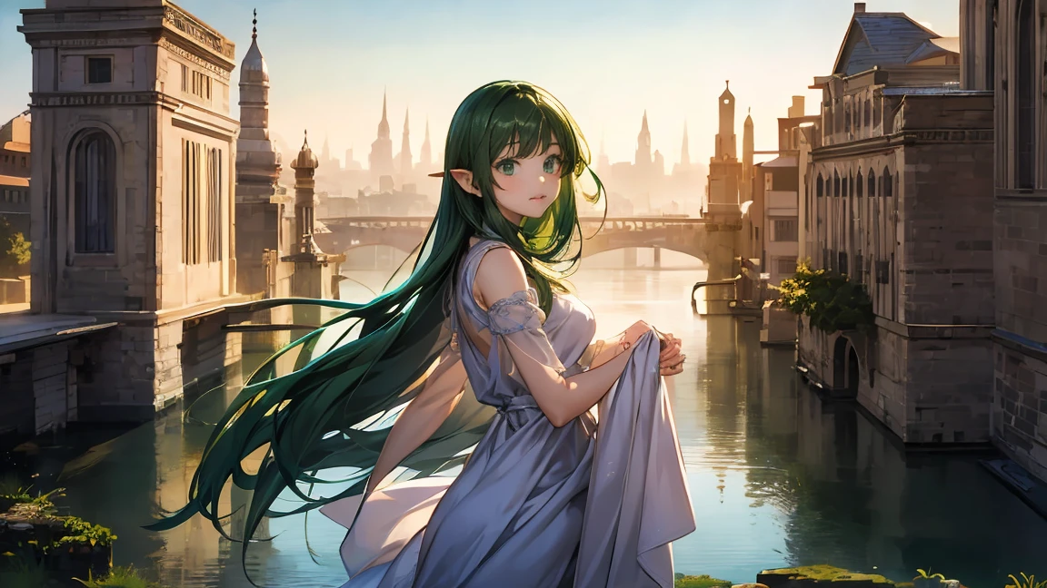 Elf woman in a dress, beautiful and elegant female elf, 2.  5D CGI anime fantasy artwork, Fantasy MMO、Ancient floating cityを眺める美しいエルフ,Pointy Ears、 green hair、 emerald green eyes 、Ancient floating city、The water flows gently 、 I'm looking at a fantastic landscape with a rainbow hanging.