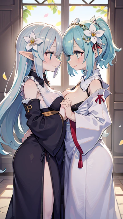 ((The best piece)),((masterpiece)), (ultra-detailliert), (illustratio), (Detail light), (very cute and beautiful),(beautifully detailed eyes), Girls and girls,cute face,light green hair,short twintails,Red eyes,Rabbit ears,Lori,loli big boobs,very large breast,If the nipples are,Off-the-shoulder clothing,gothic lolita style clothes,the kiss,kiss face,lilie,Lily Kiss,On the bed,