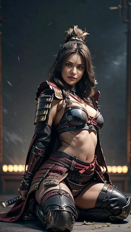   best quality, masterpiece,  ultra high resolution with forest background, (reality: 1.4), Original photo,  Beautiful black-haired woman ：1.3, Topknot ,((dynamic pose)),(looking at viewer),(facing at viewer),((indian style, sitting)),((  black night armor :1.3 )),Breasts are 2 /3 exposed skin ,medium breasts,cleavag,underboob,plunging necklines, SUPER MINISKIRT ARMOR ,  underwear is red high leg , wears black armor on her shoulders,(Black Cape), beautiful skin like silk , Wide neckline, beautiful silhouette   , white color tights,(traditional Japanese village), (8k,  RAW photos ,  best quality),  handsome，Beautiful female knight, detailed digital art , Very nice work of art,(Reach Out Your Open Hand Forward :1.3),(on stage:1.2),(( from below)),( A female general gives orders to soldiers :1.3),Muscular,(warrior:1.2),dynamic,confident,Inappropriate smile,Overbearing,warrior：1.2,Japan,((holding katana)),