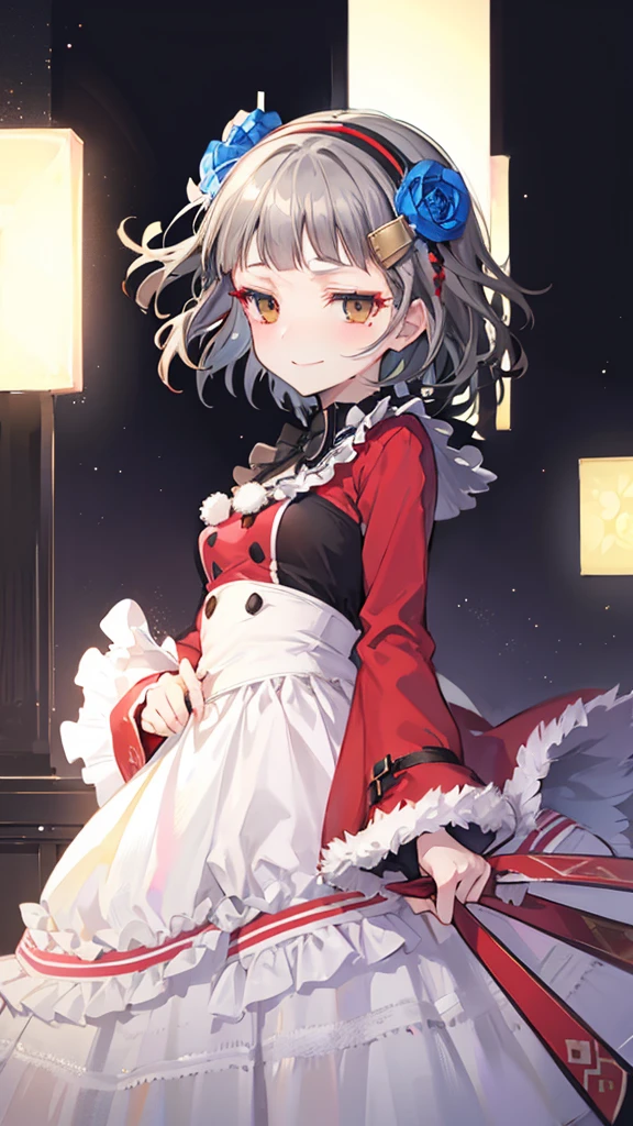 (((solo))), 1 woman, Sakuya Kurobane, sakuyaunif, kurobane_sakuya, (brown eyes), short hair, grey hair, black hairband, blue hair flower, red eyeliner, chest, blush, smile, (upper body), santa claus