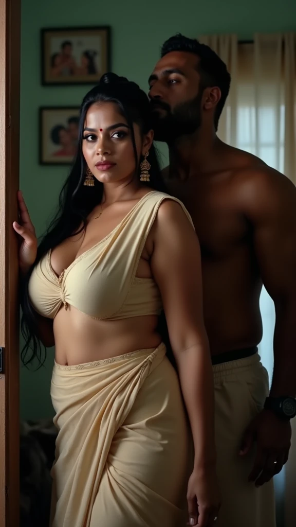 An dusky indian stepmom seducing his stepson while they were making out caught by hotstepsister with big tits who joins them