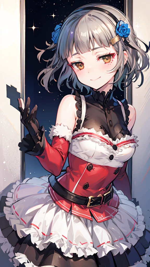 (((solo))), 1 woman, Sakuya Kurobane, sakuyaunif, kurobane_sakuya, (brown eyes), short hair, grey hair, black hairband, blue hair flower, red eyeliner, chest, blush, smile, (upper body), santa claus