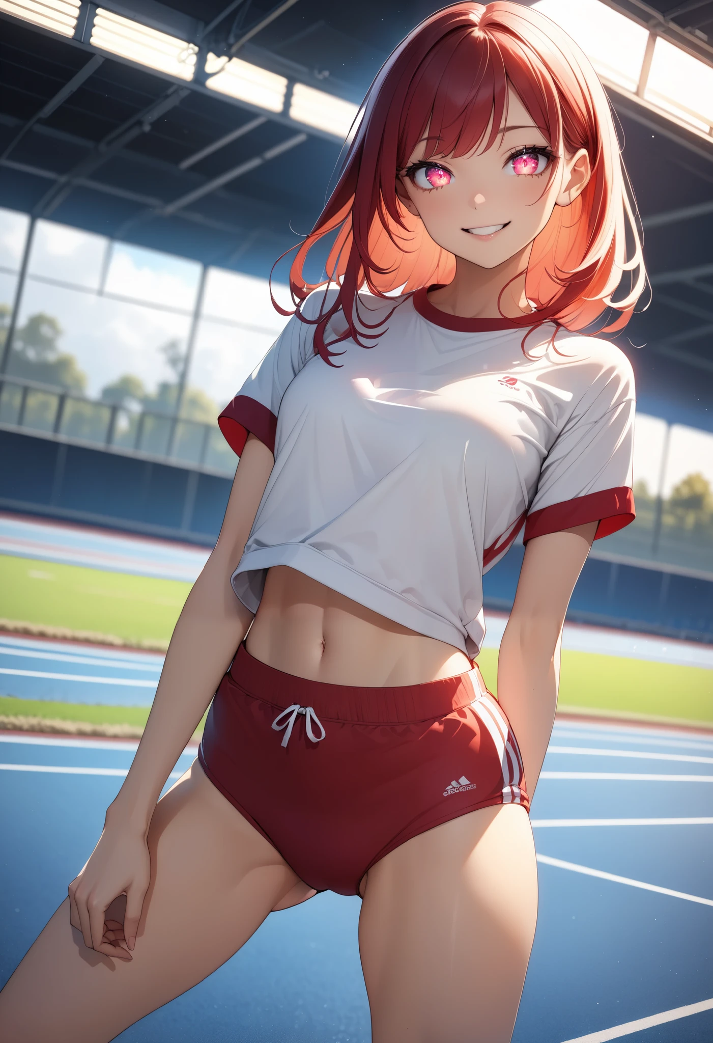 1 female,  beautiful skin ,  fine skin, Vibrant Hair,  glowing eyes, JK,  Thin Waist, Slender hair , slouch,  bright smile:1.2,  open your mouth ,  gym clothes, Red Buruma, Crew neck shirt,  Dutch angle ,  Standing Poses, Athletics Track,  High Quality ,  high definition , masterpiece:1.2