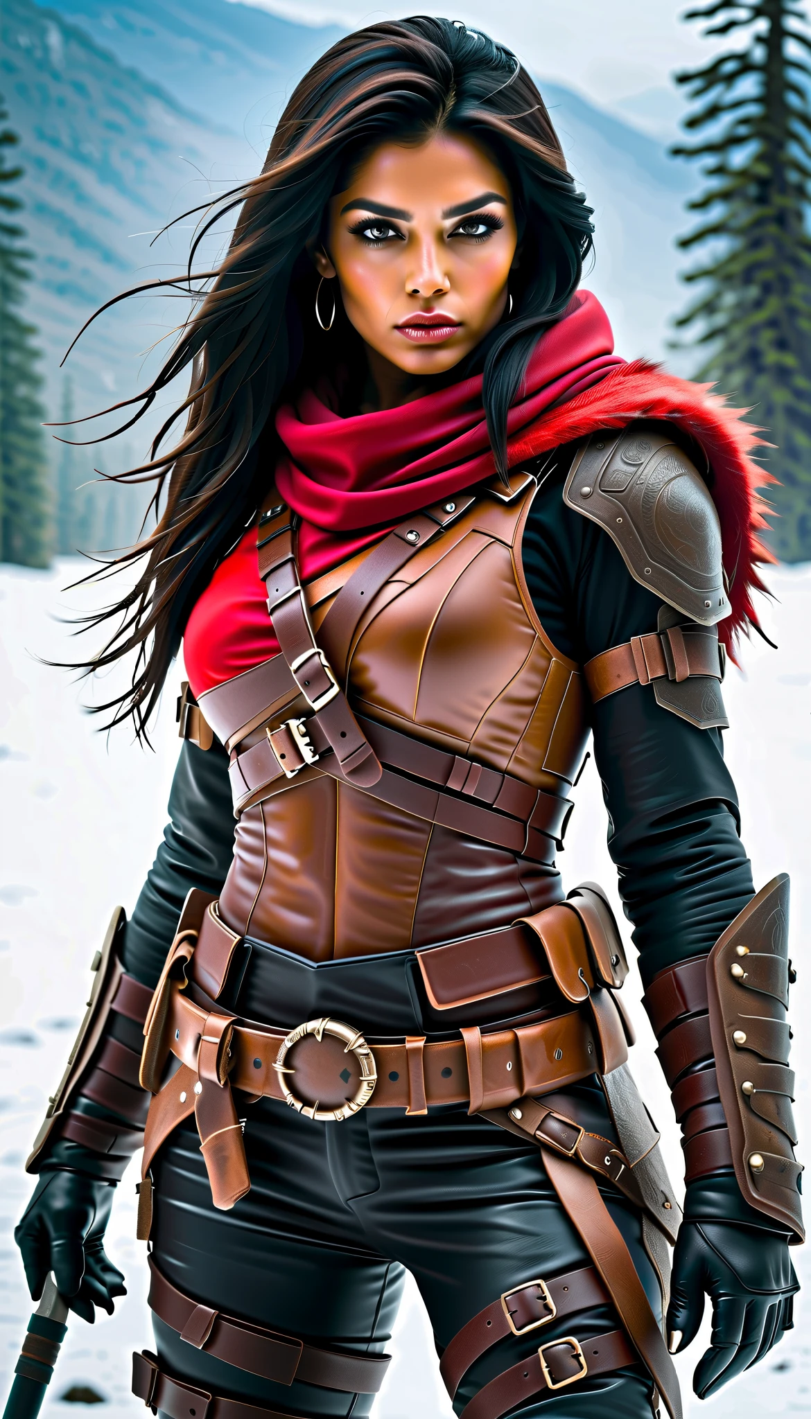 A photorealistic full-body portrait of a fierce post-apocalyptic warrior woman standing confidently in a snowy wasteland. She has strikingly sharp facial features, piercing eyes, and flowing dark hair that moves with the wind. Her outfit is a mix of rugged bear skin armor with metallic accents, a fitted leather corset, and reinforced shoulder pads, showcasing both practicality and style. She wears red dark gloves, belts adorned with metallic details, and thigh holsters that secure her weapons. injured by bear include broken clothe. slime body shapely. Using a moss rod made of bear skin. bear skin clothe.