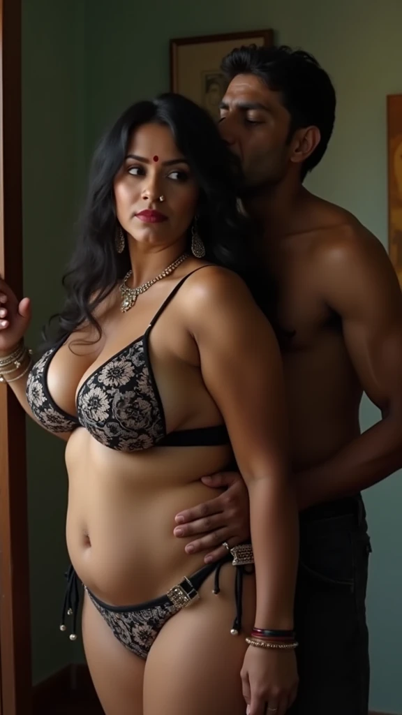 inidan woman big breast, big booty , black long hair, in bikni, shocking face, looks at mirror , in bedroom, booman breast reflect on mirror