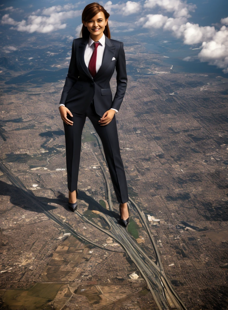 Giantess art, 100 miles tall bbw giant schoolgirl in distance walking on countries, young women with beautiful curves, massive thighs, ginger hair, lipstick, wearing a pinstripe trouser suit and blazer, crisp white shirt with large collar, large blade width Windsor knot red tie, with massive breasts. She is wearing platform high heels and standing on a miniature city, with massive cities no bigger than her feet, smiling with her huge breasts. This image is highly detailed, photorealistic, best quality, a masterpiece, with cinematic lighting, ultra-detailed, long ponytail hair with front bangs, high altitude photography, satellite view, a curvy figure, heaving bosom, legs, a stepping on mulitple mega city,, destruction, buildings, roads, a cloudy, overcast, hazy atmosphere, and wispy clouds. Seen from orbit