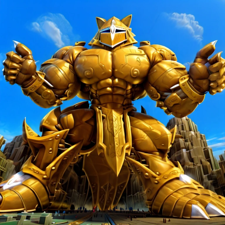 - Excalibur Sonic. Golden Armor. The whole body is golden.
- masterpiece. official art. 8k. best quality. detailed full body. full body.
- no face. wearing a full-face helmet.
- An arrogant expression. smile at the corner of your mouth.
- large muscles,  big muscle, huge muscles,  massive muscles, bulk up.
- focus GIANT Excalibur Sonic is trampling the city. Looking down. macro. stomp. Low-angle perspective. emphasizing the immense size. He has long legs.
- The nails are sharp. The nails are gold. There are five fingers.
- The toenails are sharp. The toenails are gold. There are five toes.