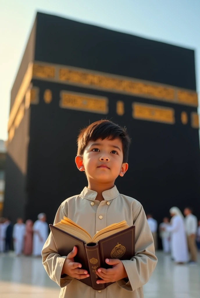 A boy wearing a panjabi, standing in front of mosque and holding a quran