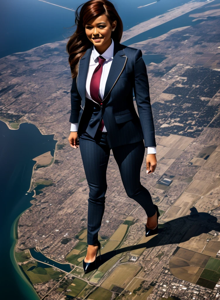 Giantess art, 100 miles tall bbw giant schoolgirl in distance walking on countries, young women with beautiful curves, massive thighs, ginger hair, lipstick, wearing a pinstripe trouser suit and blazer, crisp white shirt with large collar, large blade width Windsor knot red tie, with massive breasts. She is wearing platform high heels and standing on a miniature city, with massive cities no bigger than her feet, smiling with her huge breasts. This image is highly detailed, photorealistic, best quality, a masterpiece, with cinematic lighting, ultra-detailed, long ponytail hair with front bangs, high altitude photography, satellite view, a curvy figure, heaving bosom, legs, a stepping on mulitple mega city,, destruction, buildings, roads, a cloudy, overcast, hazy atmosphere, and wispy clouds. Seen from orbit