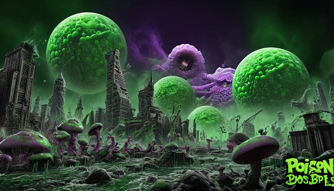 green sludge,molten skin,eat poison sludge, many warts,tumor and speck,many slime Around,Green poison bubbles are flying,(Poison spews from the body),dissolved body,black smoke, green smoke,highi-definition, cluttered environment,,ultra detail,green purple,dirty city, cyclops  neon sign "Phil" in the background 