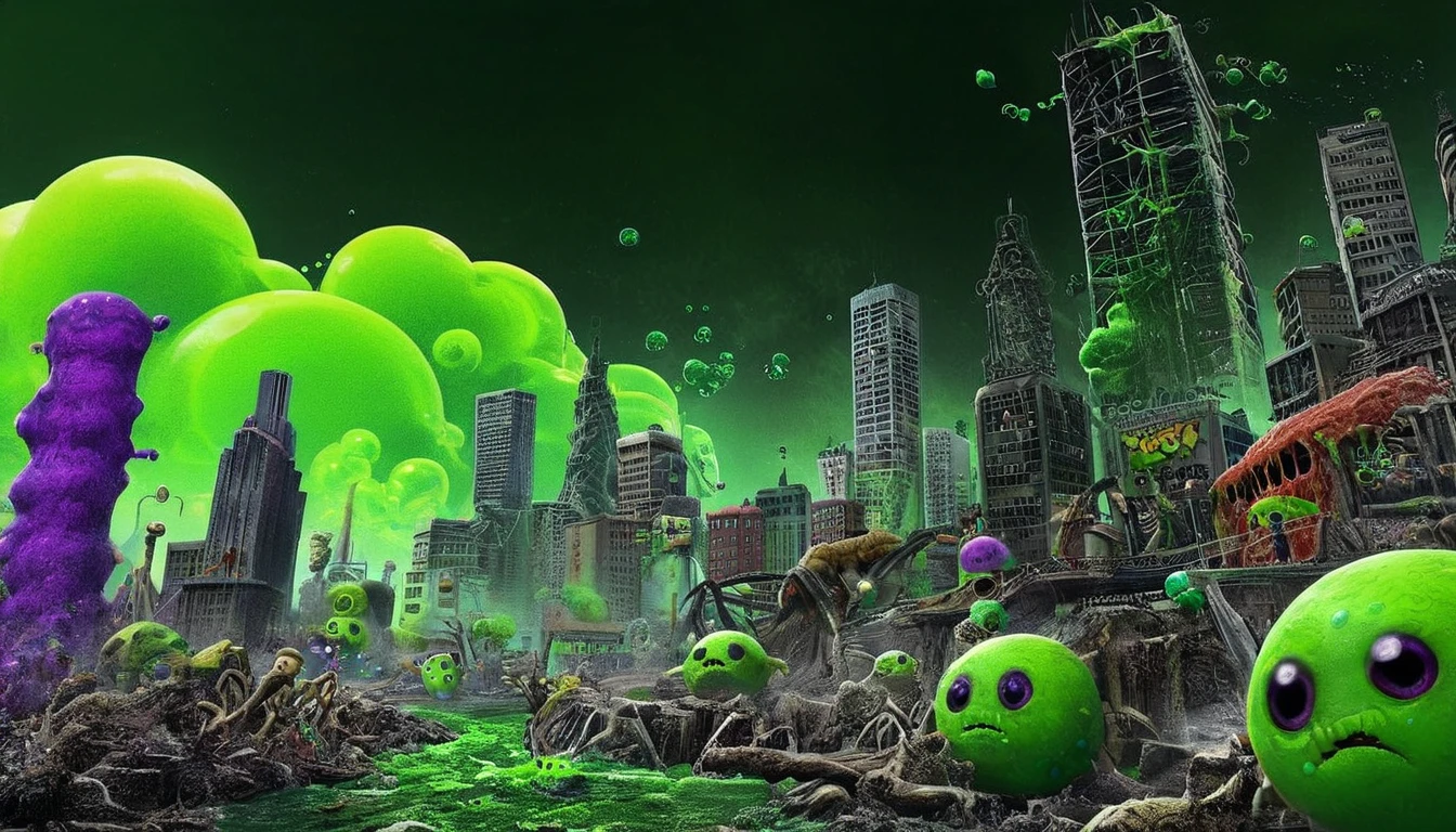 green sludge,molten skin,eat poison sludge, many warts,tumor and speck,many slime Around,Green poison bubbles are flying,(Poison spews from the body),dissolved body,black smoke, green smoke,highi-definition, cluttered environment,,ultra detail,green purple,dirty city, cyclops  neon sign "Phil" in the background 