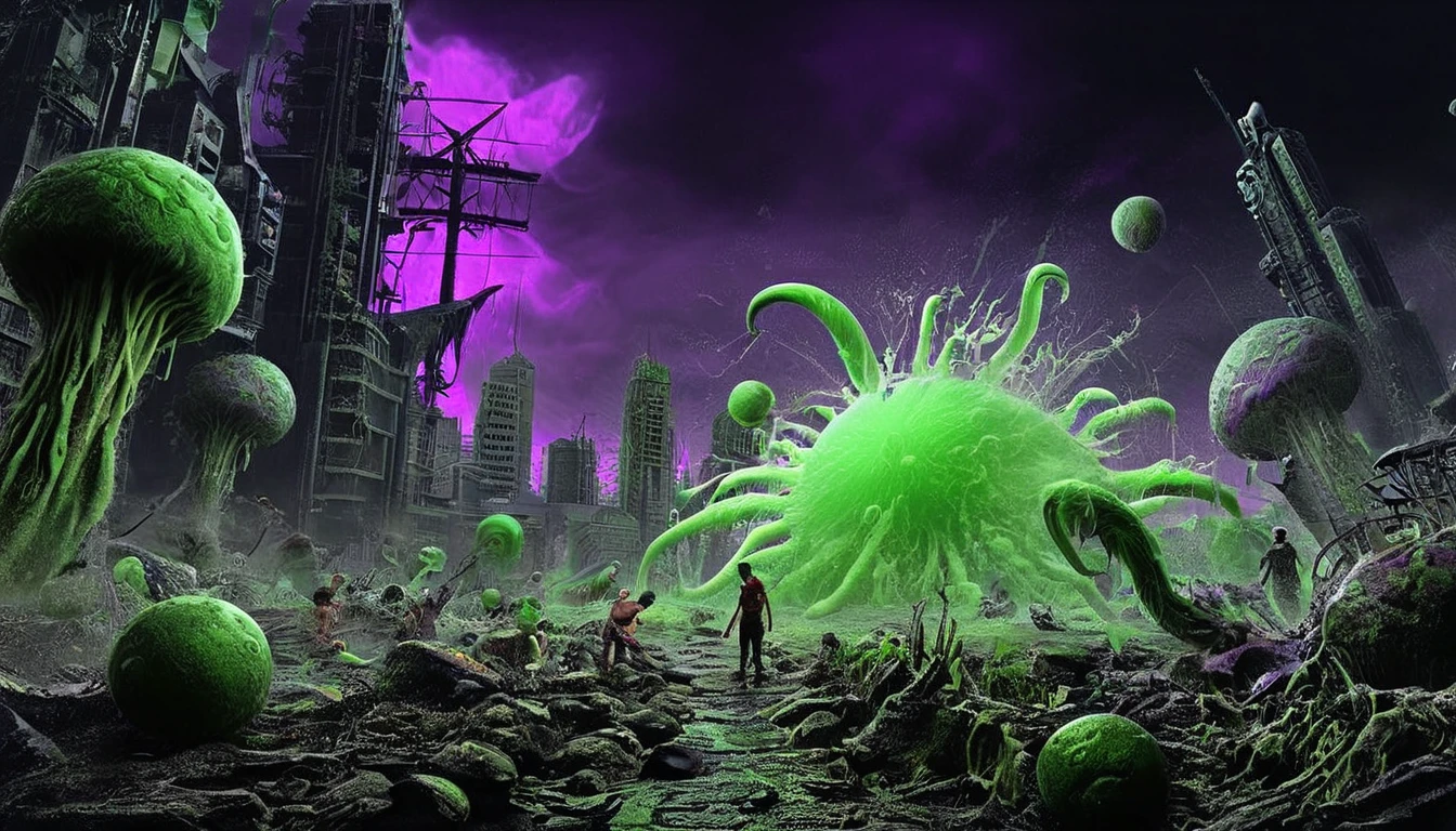 green sludge,molten skin,eat poison sludge, many warts,tumor and speck,many slime Around,Green poison bubbles are flying,(Poison spews from the body),dissolved body,black smoke, green smoke,highi-definition, cluttered environment,,ultra detail,green purple,dirty city, cyclops  neon sign "Phil" in the background 