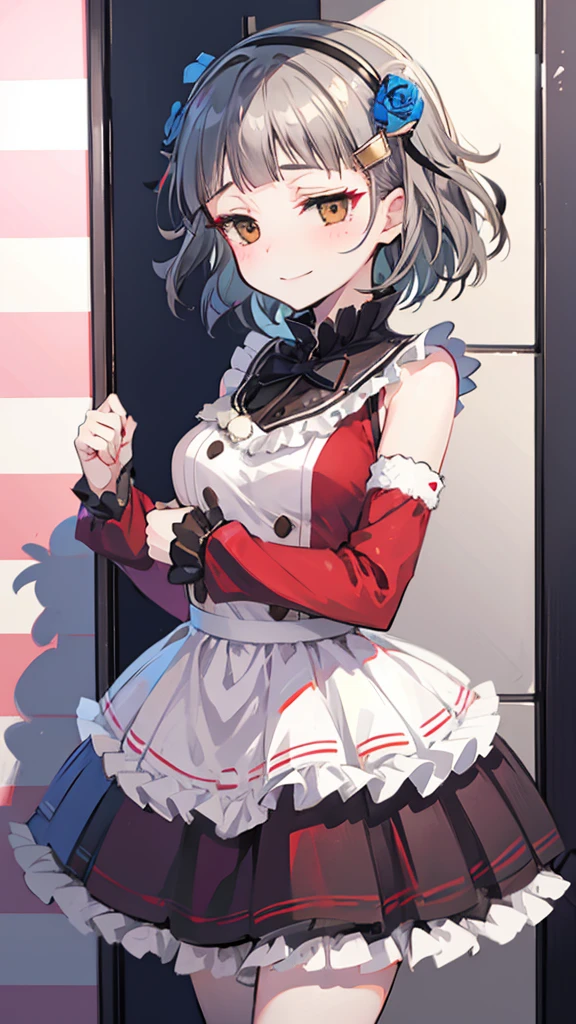 (((solo))), 1 woman, Sakuya Kurobane, sakuyaunif, kurobane_sakuya, (brown eyes), short hair, grey hair, black hairband, blue hair flower, red eyeliner, chest, blush, smile, (upper body), santa claus