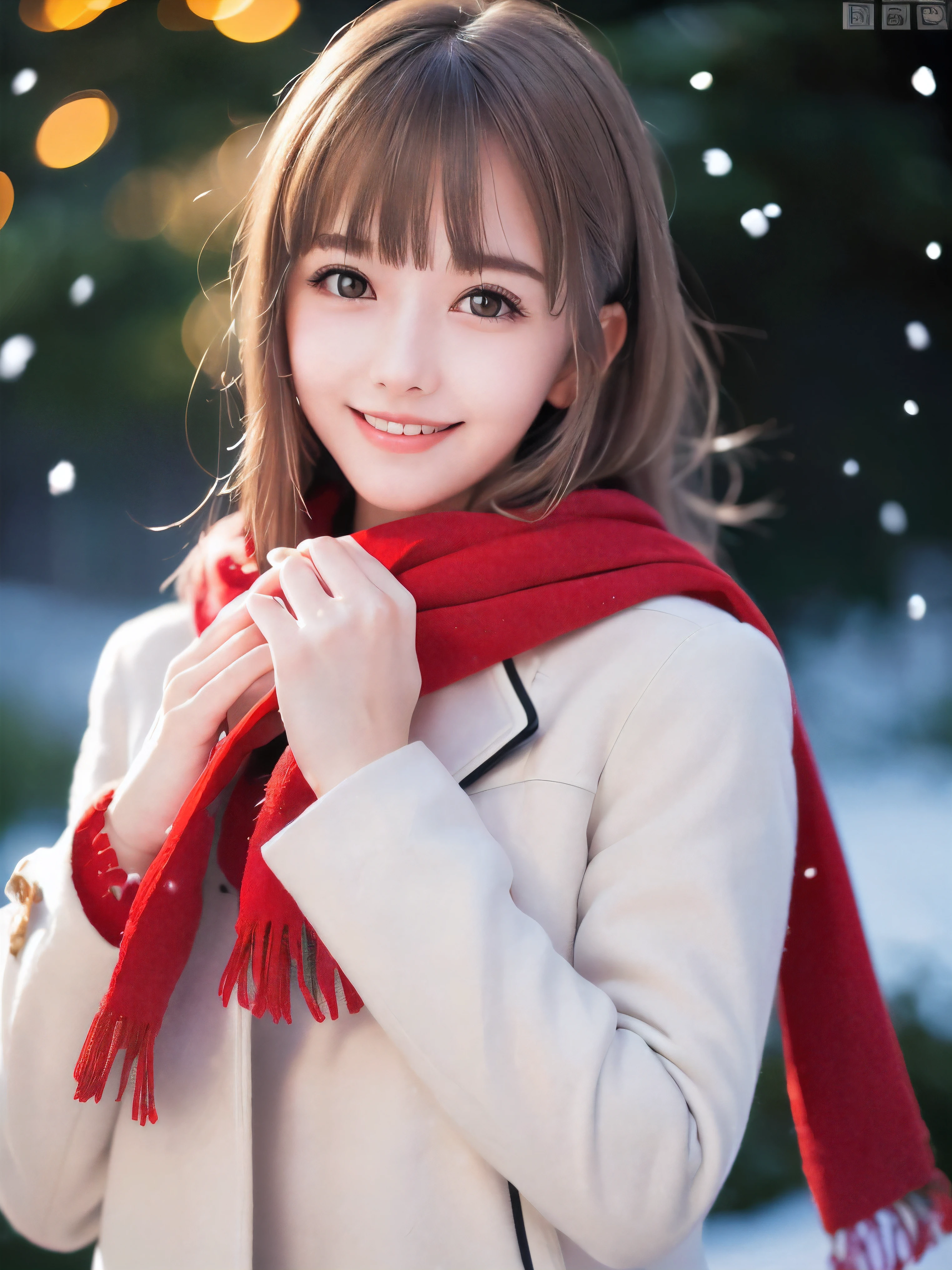 (Close-up face shot of one slender small breasts half up blonde long hair with bangs girl in a winter white long coat and red scarf:1.5)、(One blonde hair girl is holding a big gift box in arms with happy smile:1.5)、(Beautiful Christmas illumination night:1.5)、(Heavy snowing night:1.5)、(blurred background:1.5)、(Natural light:1.5)、(8k ultra detailed master piece:1.5)、(perfect anatomy:1.5)、(Photorealistic stick:1.5)、(Raw photo:1.3)、(highest quality:1.5)、(High resolution:1.3)、(Delicate and beautiful perfect face:1.3)、(Delicate and beautiful eye air skin:1.3)、(Real Human Skin:1.3)、((thin legs))