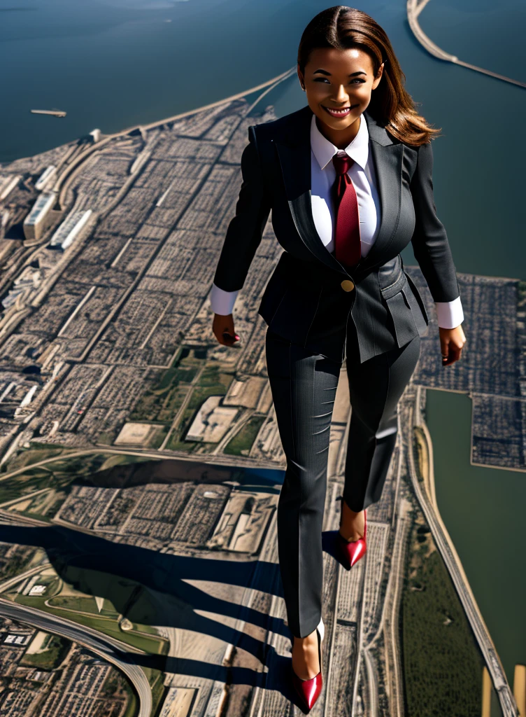 Giantess art, 100 miles tall bbw giant schoolgirl in distance walking on countries, young women with beautiful curves, massive thighs, ginger hair, lipstick, wearing a pinstripe trouser suit and blazer, crisp white shirt with large collar, large blade width Windsor knot red tie, with massive breasts. She is wearing platform high heels and standing on a miniature city, with massive cities no bigger than her feet, smiling with her huge breasts. This image is highly detailed, photorealistic, best quality, a masterpiece, with cinematic lighting, ultra-detailed, long ponytail hair with front bangs, high altitude photography, satellite view, a curvy figure, heaving bosom, legs, a stepping on mulitple mega city,, destruction, buildings, roads, a cloudy, overcast, hazy atmosphere, and wispy clouds. Seen from orbit