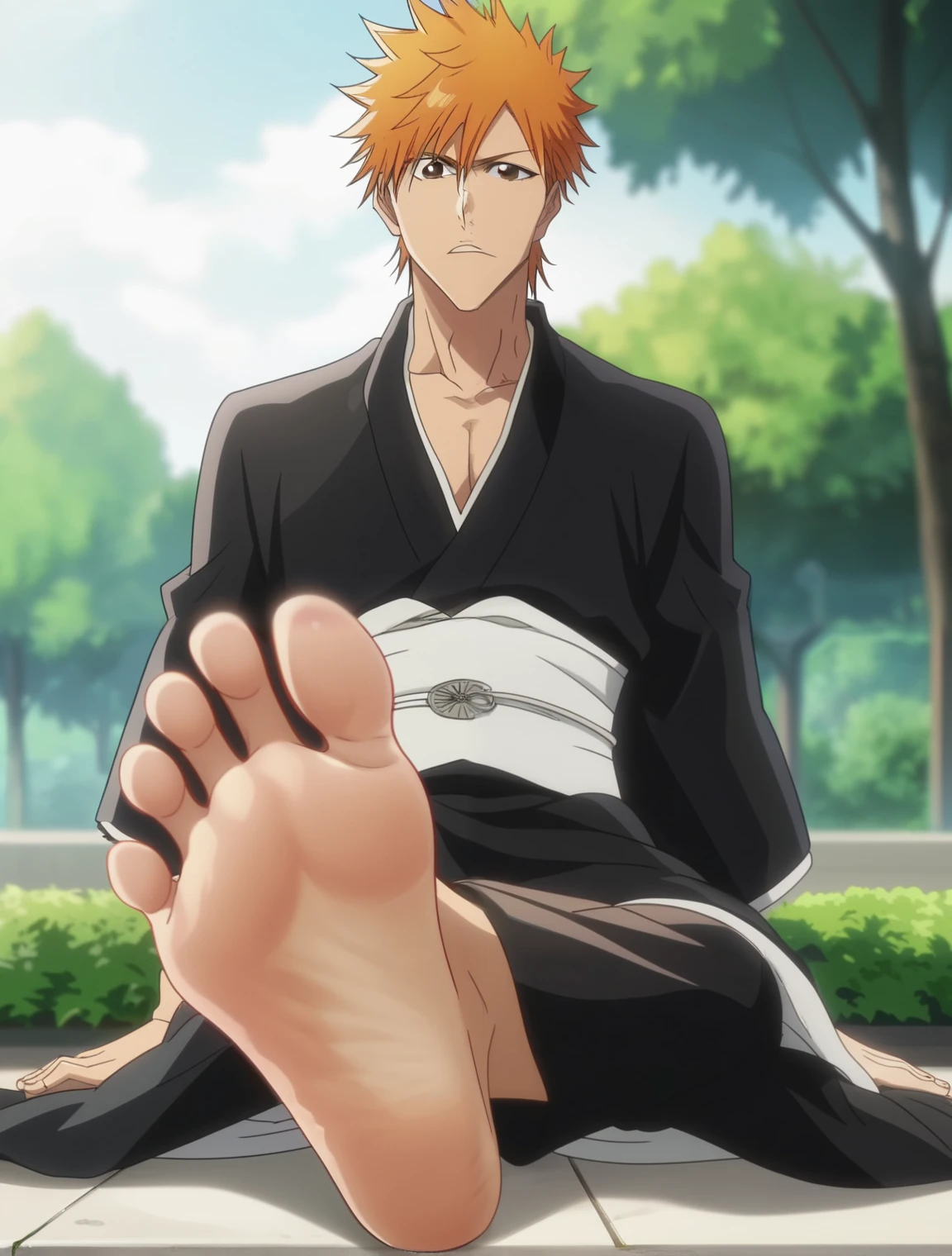 score_9, score_8_up, source_anime,
1boy, Kurosaki Ichigo, bleach, slender, untoned, orange hair, brown eyes, messy hair, loose-fitting black kimono, white inner garment, white obi,  wide and flowing black pants, alone, looking at viewer, sitting on the ground, cowboy shot, ANIME SCREENCAP, anime coloring, in a garden, barefoot, perfect feet, anatomically correct, soles, low angle, focal length 35mm, each foot has five toes, front, symmetrical soles, foot focus, crossed legs