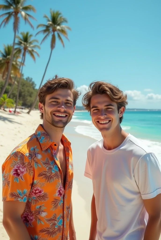 Highest quality portrait of two young guys on the beach in knee-deep water. Two young attractive boys swimming in the sea, completely naked with Красивые стринги , Beautiful green beach with palm trees and flowers, Beautiful , smiling , Friends . Highest quality photographic portrait !