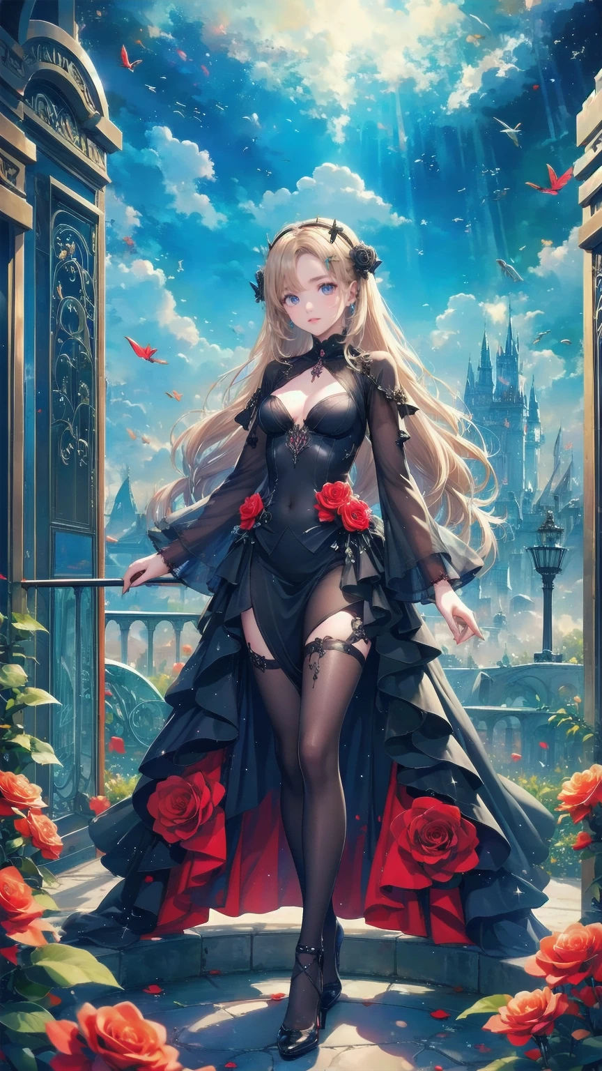 Roses are printed on the Modison Disney , Arafed,  Dark  fantasy art ,  fantasy art , Gothic art,  female vampire painting , Pale skin, Blonde,  long hair,  wavy hair, ( Sparkling Grey : 1.3) eye,  she says  (red: 1.3) red thigh suit,  she says 手に剣を持っている, ( ready for battle : 1.4) ,  suit (black: 1.4) black roses,  high heels,   full body shot , dark glamour shot, dark castle, dark, black and color, Pastel Goth, 