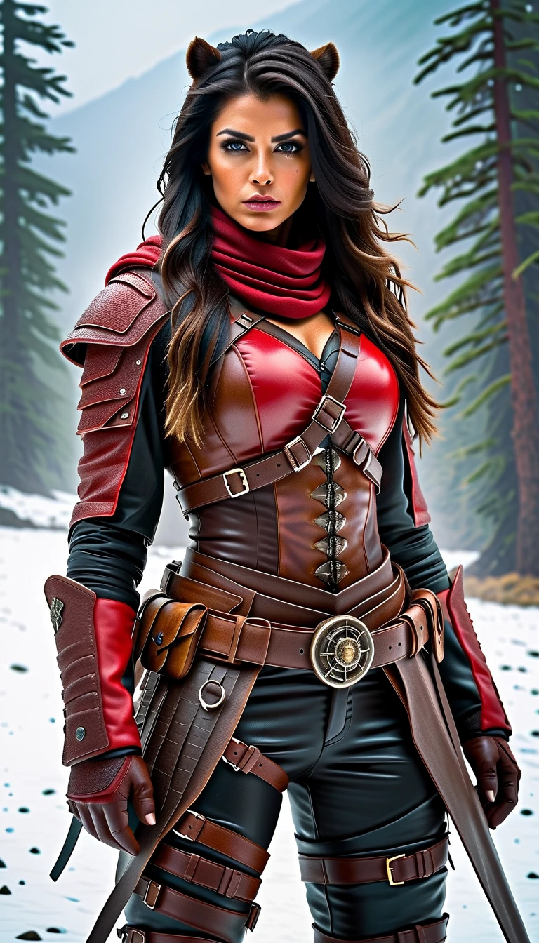 A photorealistic full-body portrait of a fierce post-apocalyptic warrior woman standing confidently in a snowy wasteland. She has strikingly sharp facial features, piercing eyes, and flowing dark hair that moves with the wind. Her outfit is a mix of rugged bear skin armor with metallic accents, a fitted leather corset, and reinforced shoulder pads, showcasing both practicality and style. She wears red dark gloves, belts adorned with metallic details, and thigh holsters that secure her weapons, she is pants is white bear skin, injured by bear include Ripped clothe. slime body shapely. Using a moss rod made of bear skin. bear skin clothe.