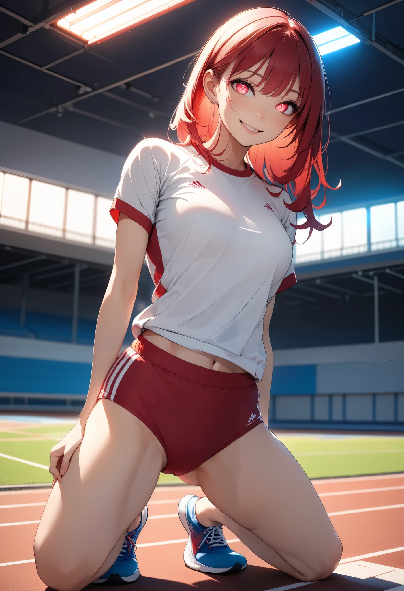 1 female,  beautiful skin ,  fine skin, Vibrant Hair,  glowing eyes, JK,  Thin Waist, Slender hair ,  kneeling,  bright smile:1.2, Arms behind the body,  gym clothes, Red Buruma, Crew neck shirt,  Dutch angle ,  Standing Poses, Athletics Track,  High Quality ,  high definition , masterpiece:1.2