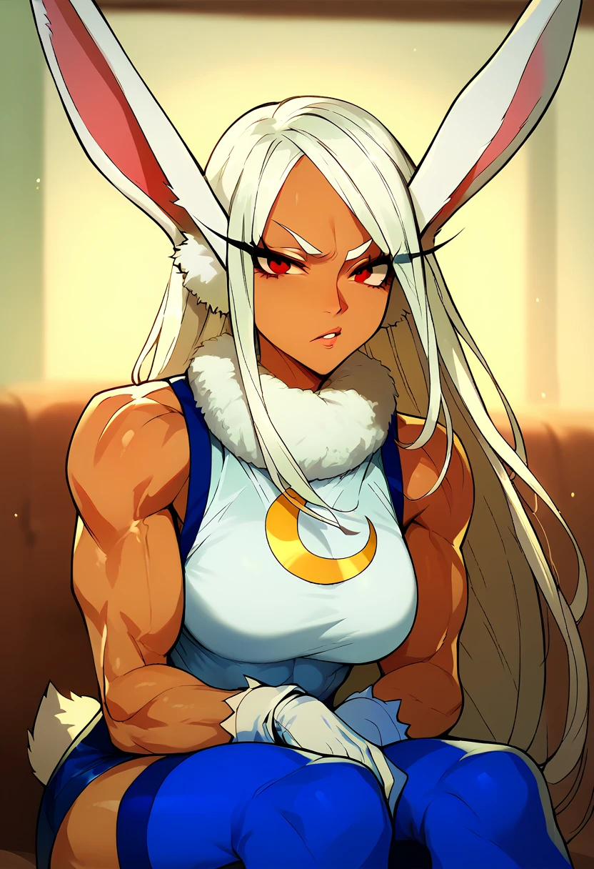 MHAmirko, Rumi Usagiyama, rabbit ears rabbit girl, white hair, long hair, sleeveless crescent print, red eyes, fur collar, white gloves,blue thighhighs dark-skinned woman, muscular, long eyelashes