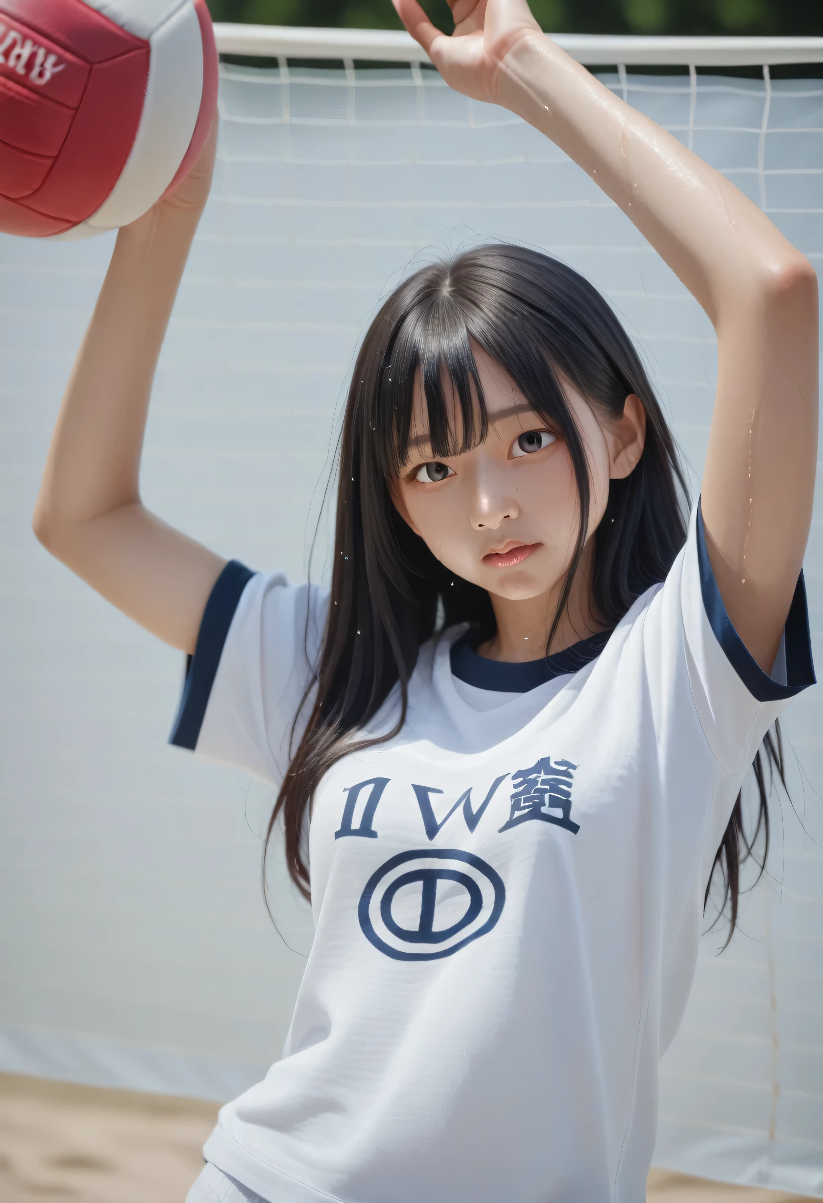 Amazing Details 、Ultra-detailed illustrations、Japanese Black Hair、Genuine、、Medium bust、Genuine、Young-looking women、 Volleyball Clothing、Small wet clothes、、Jump high and attack、、、baby facevolleyball court、 Toned Stomach 、、Gymnastics、、 your body is wet 、Black Hair、 I'm sweating a lot 。 sweated、 volleyball jump 、Clothes for、The characters are hiragana.、Face becomes firmer、 volleyball,