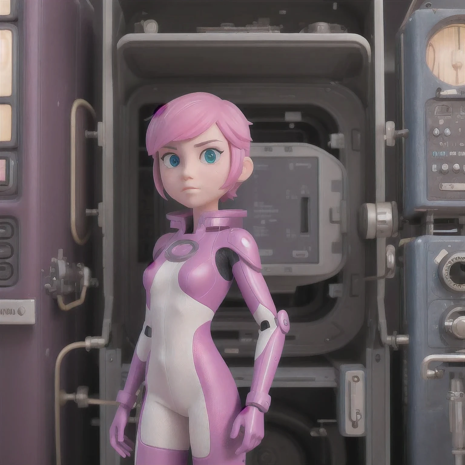 photo of a college student, Purple-Pink Gradient, futuristic space suit, (freckles:0.8) cute face, sci-fi, dystopian, detailed eyes, Heterochromia eyes((Side view))Back Room