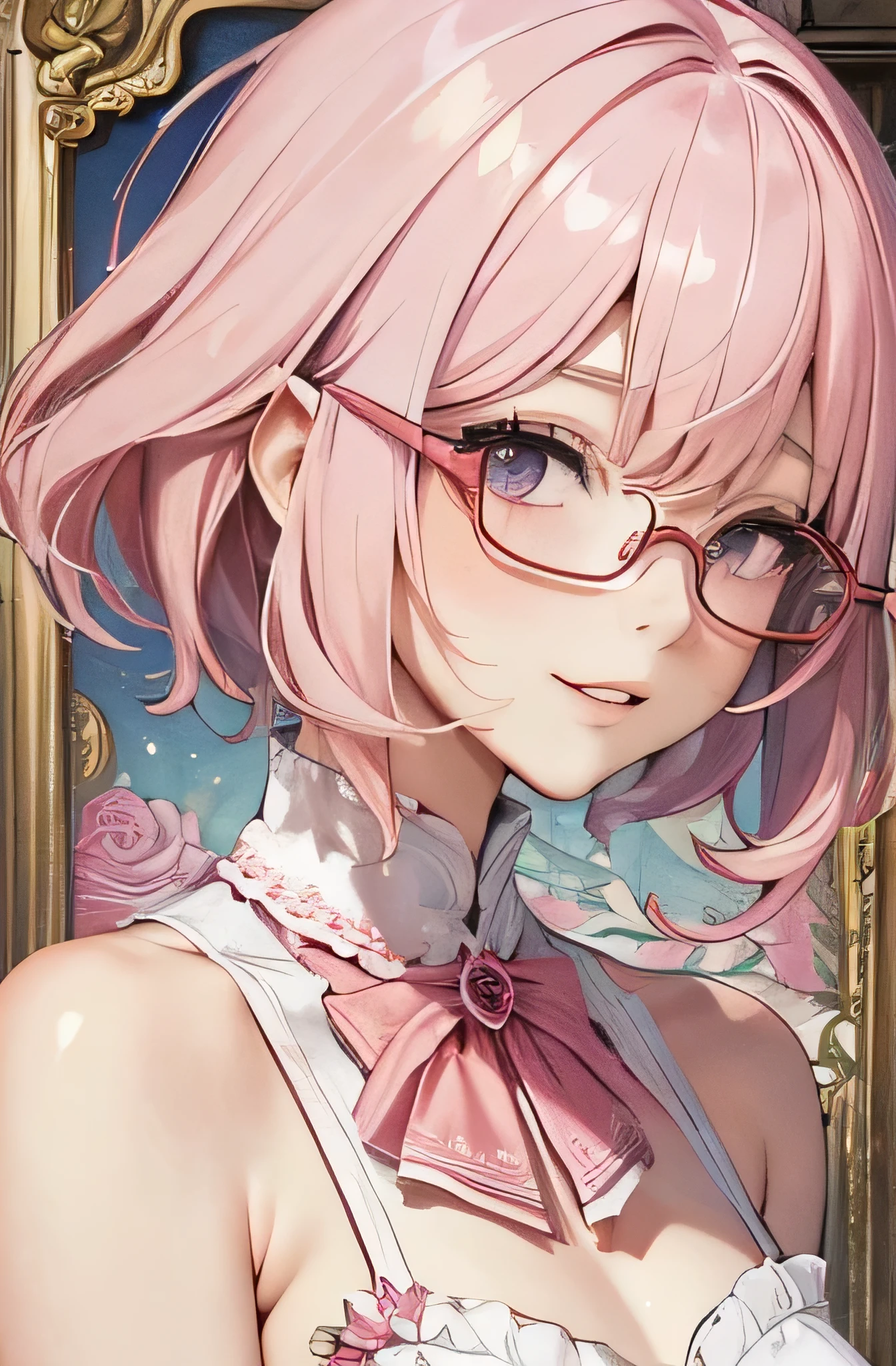 、(masterpiece,  High Quality ,  High Quality ,  Official Art,   Beautiful and Aesthetic: 1.2), ( 1 girl : 1.3), ( FRACTAL ART: 1.3), ((( milky pink hair ：1.5))) short bob hair:1.2 、thick red glasses with small frames、、 [Elf Ears:0.7]25 years old、 adult woman laughing、beautiful、とても大きな胸