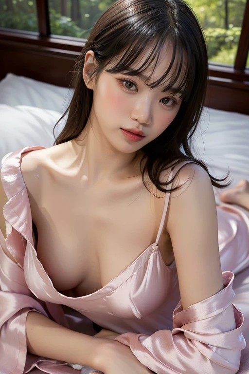   best quality , masterpiece,   ultra high resolution with forest background, (Realistic:1.4),  RAW photo, 18 years old,  simple grey background, ((sexy silk nightgowns、Bedhead,  lying on her back ,Nipples visible)),  Looking at the Audience ((small breast))