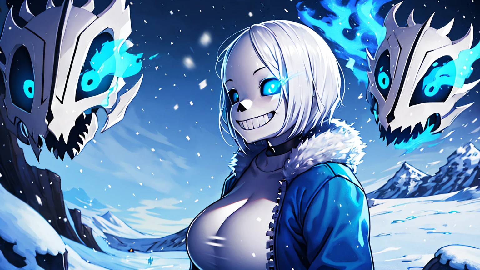 Toby Fox Undertale Sans Blue Jacket ,Fire eyes skull smile white long hair glowing snow town Femininefull big breast breast enlargement full-body shot