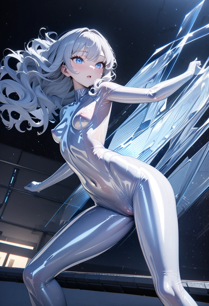 back lighting, high contrast, blue shadows, blue sun, stream, angel ring, view from below camera, 1girl, sad smile, white hair, bare shoulder, complex arm, white skeleton, blue spine, thigh, cleavage, white leotard, glow eyes, cables, glow eyes, water, blue cables,