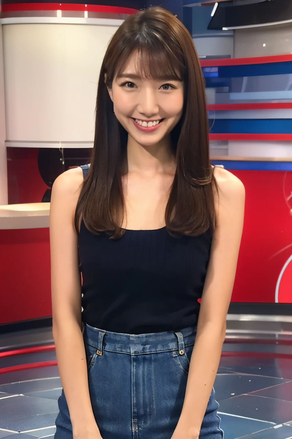  brown hair、 straight hair、With bangs、smile、Beautiful breasts、 slim body、Red tank top、 blue denim miniskirt 、 in sexy red lingerie、In the morning news studio