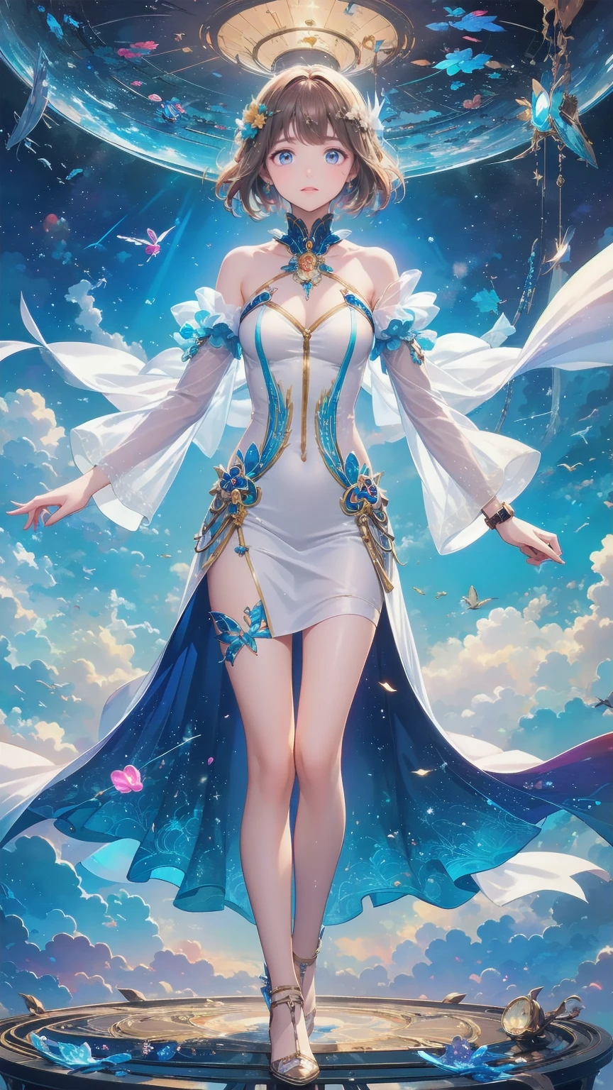 Beautiful woman, intricate hairstyle, curly white hair, curls, beautiful chiseled figure, aesthetics of the female body, fractals, mandala, complex background, modern art, bright colors, explosion of colors, sexy pose, complex pose, steampunk elements