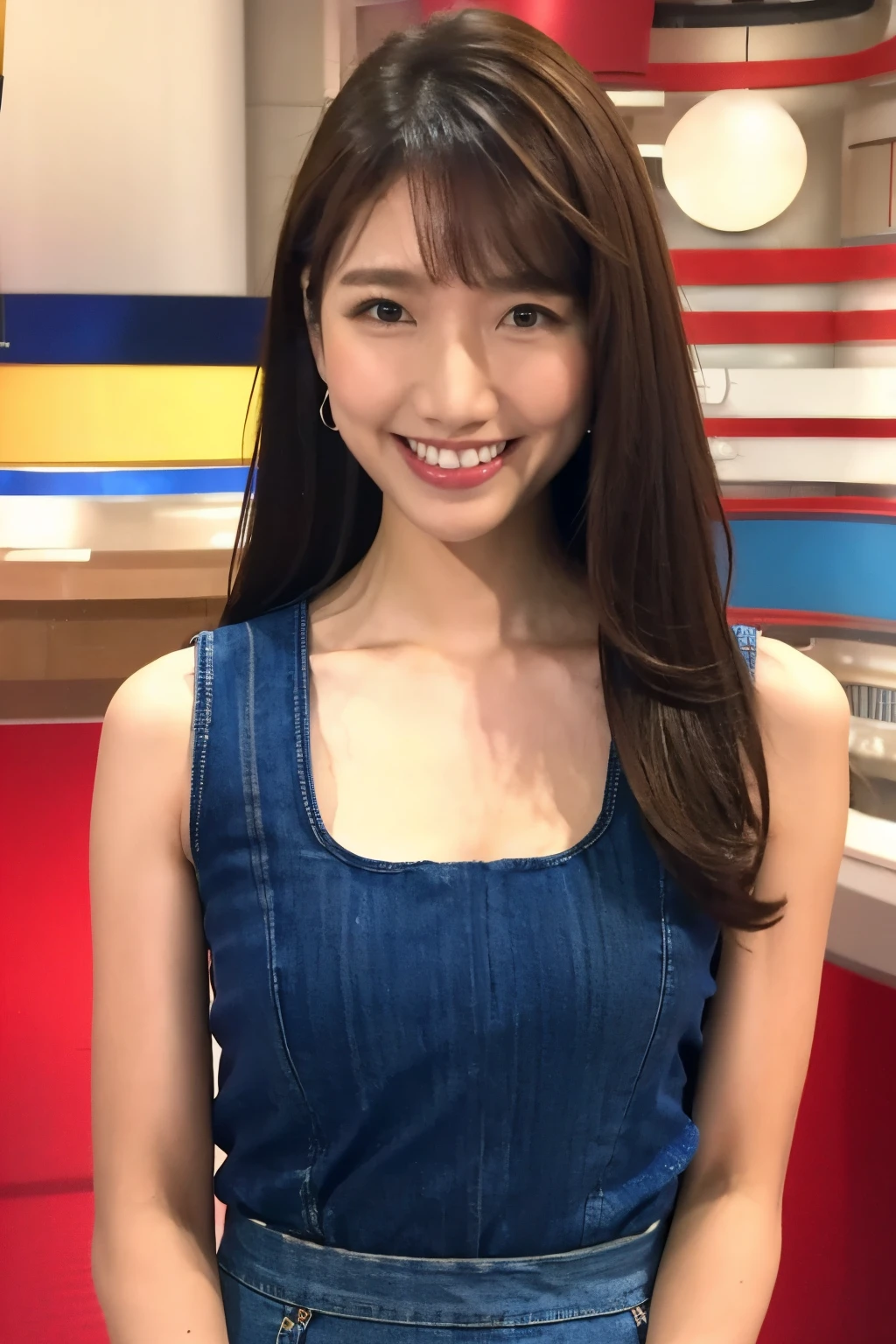  brown hair、 straight hair、With bangs、smile、Beautiful breasts、 slim body、Red tank top、 blue denim miniskirt 、 in sexy red lingerie、In the morning news studio