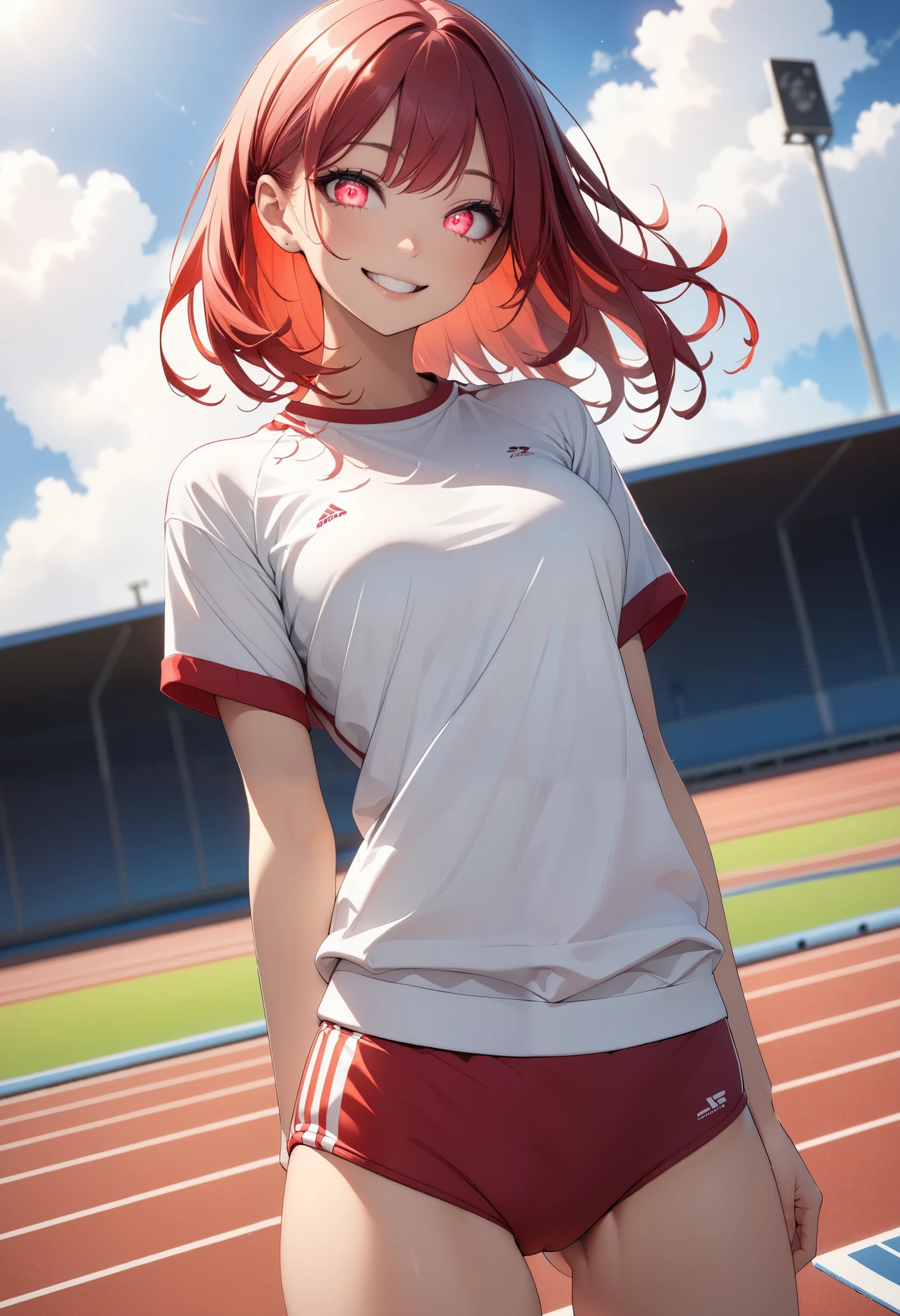 1 female,  beautiful skin ,  fine skin, Vibrant Hair,  glowing eyes, JK,  Thin Waist, Slender hair , slouch,  bright smile:1.2,  open your mouth ,  gym clothes, Red Buruma, Crew neck shirt,  Dutch angle ,  Standing Poses, Athletics Track,  High Quality ,  high definition , masterpiece:1.2