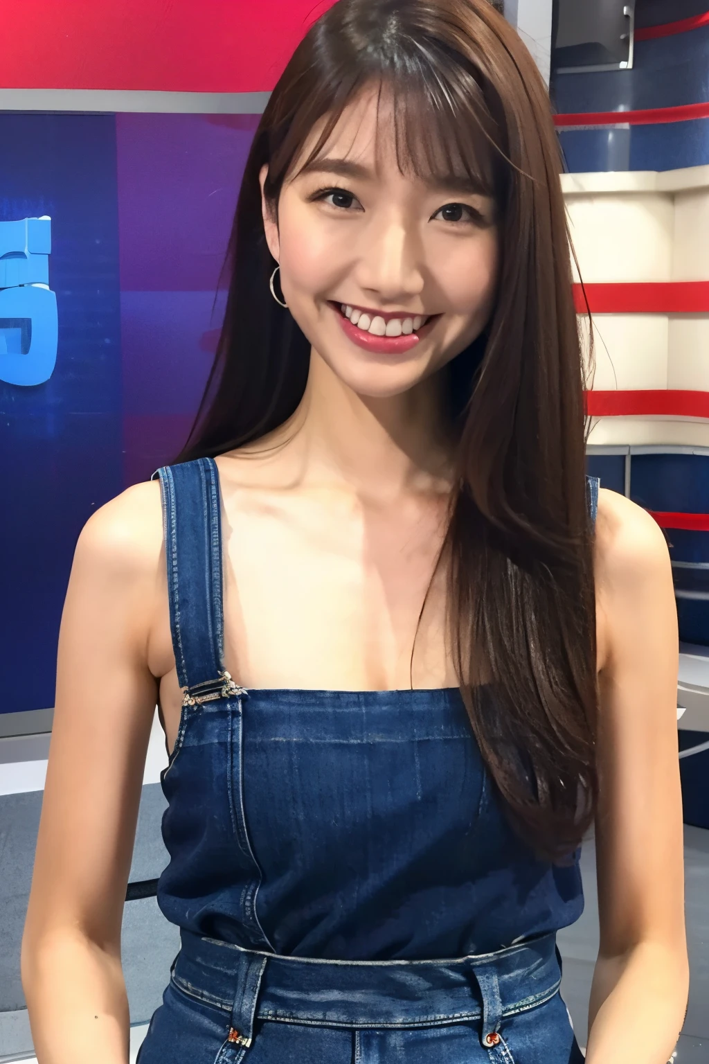  brown hair、 straight hair、With bangs、smile、Beautiful breasts、 slim body、Red tank top、 blue denim miniskirt 、 in sexy red lingerie、In the morning news studio