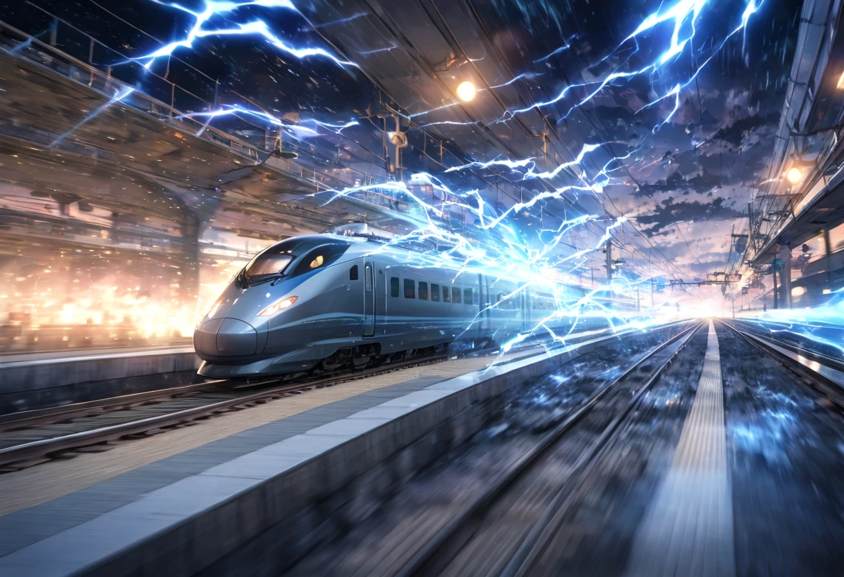 A train that transcends time and space ,  Run on rails formed by Particle Light(( motion blur:2.0 , Blue Lightning Effects :1.5 ,  Blue Particle Light Filter Effects :1.5 , backgroundぼかし)) , background:A warped world of space-time  , Dark blue bullet train 