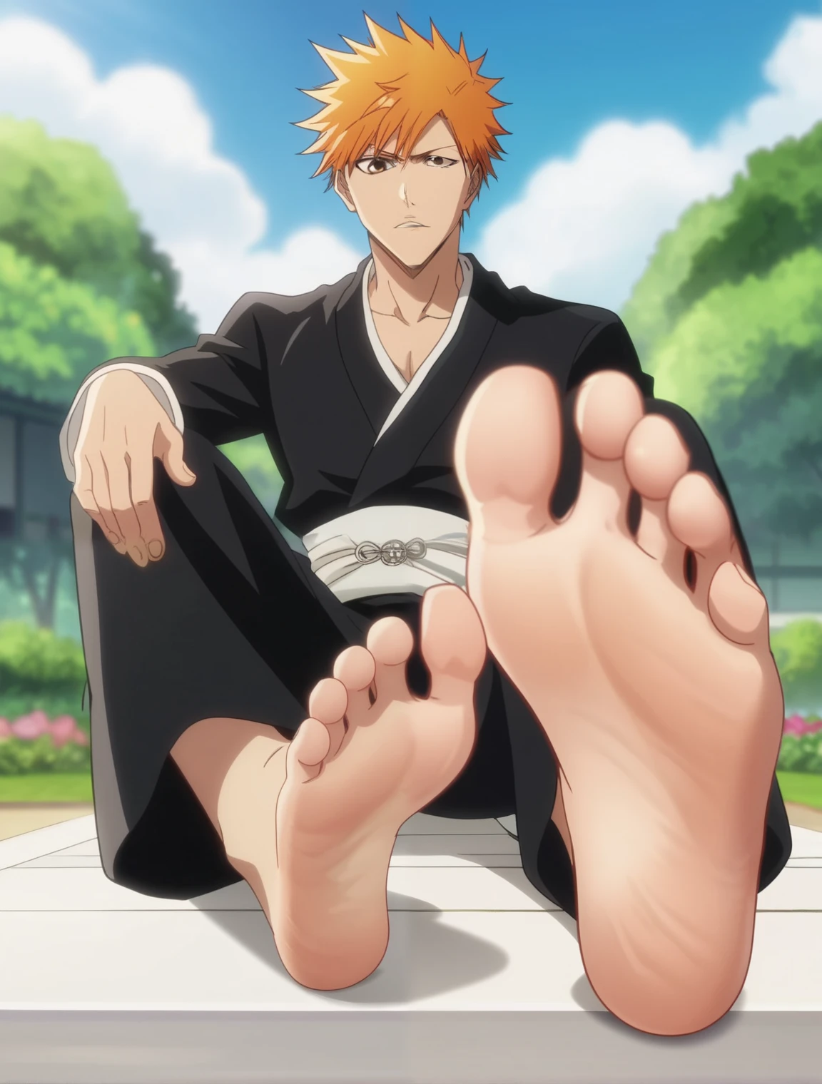 score_9, score_8_up, source_anime,
1boy, Kurosaki Ichigo, bleach, slender, untoned, orange hair, brown eyes, messy hair, loose-fitting black kimono, white inner garment, white obi,  wide and flowing black pants, alone, looking at viewer, sitting on the ground, cowboy shot, ANIME SCREENCAP, anime coloring, in a garden, barefoot, perfect feet, anatomically correct, soles, low angle, focal length 35mm, each foot has five toes, front, symmetrical soles, foot focus