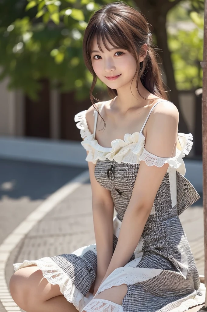 ((Light garden porch background)), (lo-fi), (soft focus), high quality, masterpiece, high definition, high definition, high resolution, 4K, ultra high definition, ultra high definition, ultra realistic shadows, ultra realistic, dramatic lighting, one girl, solo, detailed face, realistic eyes, realistic skin, dynamic hair, dynamic pose, dynamic angle, white flower dress, white background, ulzzang-6500-v1.1, (raw photo: 1.2), (photorealistic: 1.4), beautiful detailed girl, highly detailed eyes and face, beautiful detailed eyes, ridiculous, incredibly ridiculous, huge file size, super detail, high resolution, very detail, highest quality, (bright indoors), (soft light), (low contrast), (shallow depth of field), ( Portrait of a beautiful woman illuminated by gentle light), (very delicate and elegant depiction), (short length bangs), (hair color is dark chestnut with a slight brown tone), (hair with subtle gentle waves), (small braid intricately woven on the sides of long hair), (decorated with thin ribbons), (white blouse with small ruffles), (bow tie), (blue long skirt), ( White short ankle socks), illustration, very detailed, CG, unification, 8k wallpaper, amazing, fine detail, best quality, highly detailed CG unified 8k wallpaper, face light, movie lighting, 1 girl, 16 years old, (((without panties)), (dynamic pose))), (camel toe), (half), (bent knees and legs sitting))