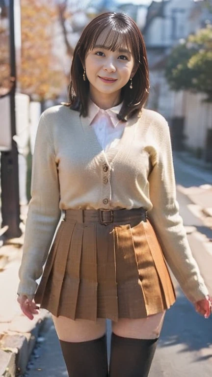 full body shot, from below,  japanese mature,  detailed face , smile, Facial wrinkles,  detailed skin texture ,  white skin,  heavy makeup, (plump body:1.5), (earrings, red bowtie, brown cardigan, red skirt, pleated skirt, micro miniskirt,black thighhighs:1.2), ( Wearing high heels :1.2), ( full body shot from toe to head wearing black high heels,  standing in the park, standing:1.2), ( surrealism, best quality, ultra detailed, absolutely resolution, 8k, anatomically correct), depth of field, looking at viewer, tachi-e