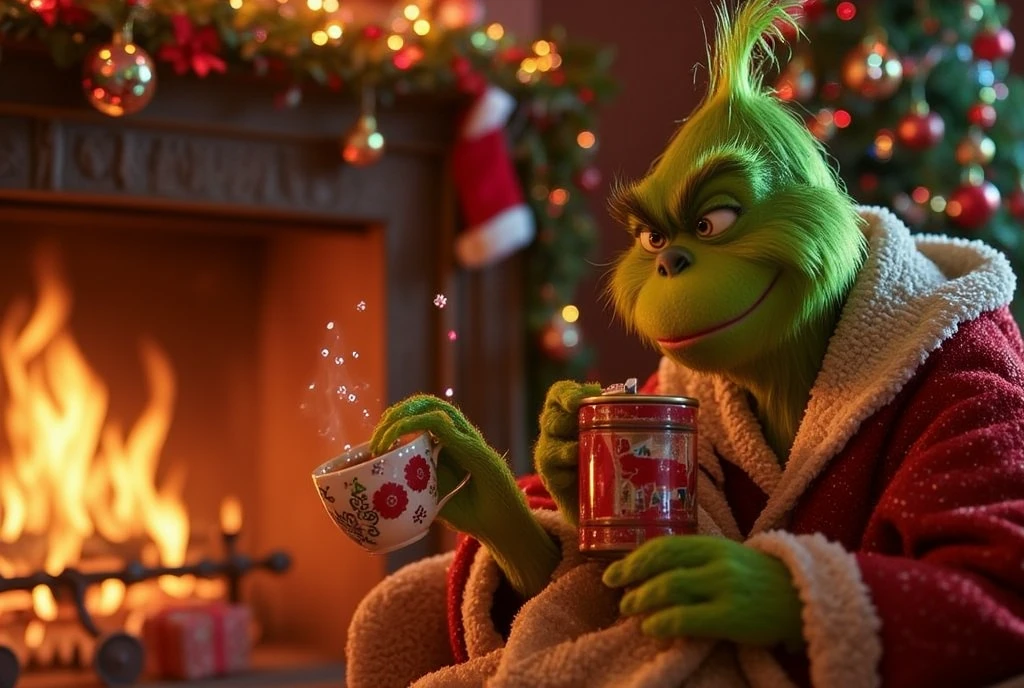 ((masterpiece)) ((photography)) ((Highest quality)) An imaginative scene where the Grinch, once cold-hearted and grumpy, is slowly thawing out in a cozy, Christmas-themed setting. The Grinch is wrapped in a warm blanket by a roaring fireplace, his iconic green fur softening as the frost around him melts. He is sipping hot cocoa, looking confused but amused as tiny snowflakes float around him, melting with the warmth. His once harsh expression begins to shift to a gentle smile, as he gazes at a Christmas tree adorned with colorful lights and ornaments. A joyful and humorous moment that captures the Grinch’s transformation from villain to festive spirit.