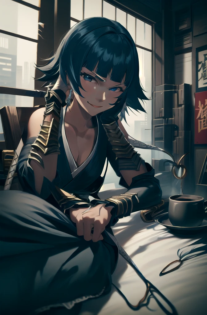 (masterpiece,  best quality,   Details),  1 girl , Alone,  look at the viewers, thirst,  black hair, Ninjatech, Ninja,  bulky metal ,  cyberpunk, indoor, tatami,  sliding door , cushion,  lying , Aside,  headrest, smile,  closed mouth , light smile