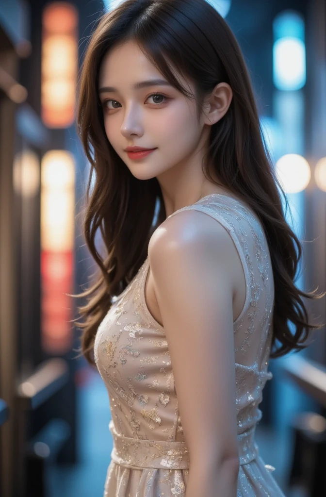8k, On the table, RAW Photos, The best quality at its best, Realistically, Highly detailed CG Unity 8k wallpaper, Depth of written boundary, Cinema lighting, Lens flare brilliance, Ray Tracing, (Very beautiful face, Beautiful Lips, Cute eyes), An exquisitely crafted face, ((Very delicate skin)) 1 girl in, Dark Night, Deep Shadow, Beautiful girls, Idol, 1 girl, (Very slim and slender fit muscular body:1.3), ((View your viewers)),(Big smile:1.3), (Fashion City Night, Dark Night, (Neon Light), (Ambiguous background), Fashion Street Night),(No people in the background:1.3), Beautiful earrings, Bangles, Choker Necklace, Lace pantyhose, Clear Eyes, Walking on foot, (Pale-skinned), (Big eyes facing forward, (Brown hairy body shot), (()), (()), , (View your viewers:1.3) Avas, Very slim, huge , back track, (Rear Projection), focusing, In front of eyebrows,(((lace mini dress))), Thick thighs,
