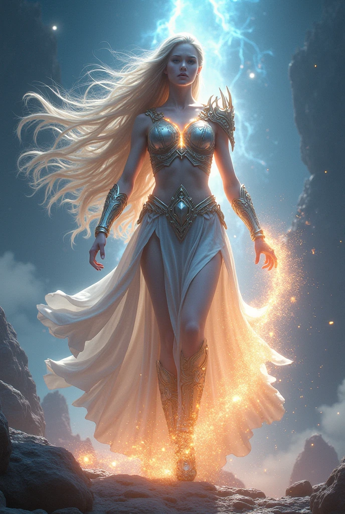(best quality,4k,8k,highres,masterpiece), ultra-detailed,(realistic,photorealistic,photo-realistic), angelic woman with a mechanical body, cybernetic limbs and features,beautiful detailed eyes,beautiful detailed lips,silver metallic skin, sparkling eyes, vibrant flames, powerful aura, intense energy, flaming feathers[Best quality], detailed metallic textures, glowing effects, dynamic composition, vibrant colors, ethereal lighting. (cosmic,celestial) powers and explosions,supernatural beauty,transformative experience,spiritual awakening,emerging from darkness, glowing circuit patterns,ethereal halo above her head,colorful neon lights reflecting on her body, ethereal atmosphere,evolving forms,divine symmetry,surreal dimensions,illusory effects,luminous aura,intense heat and flames,dazzling light rays, serene expression on her face,graceful floating pose,serene and mysterious aura,elusive and elegant,soft color palette with a hint of blue,soft diffused lighting,creating a dreamlike ambiance.