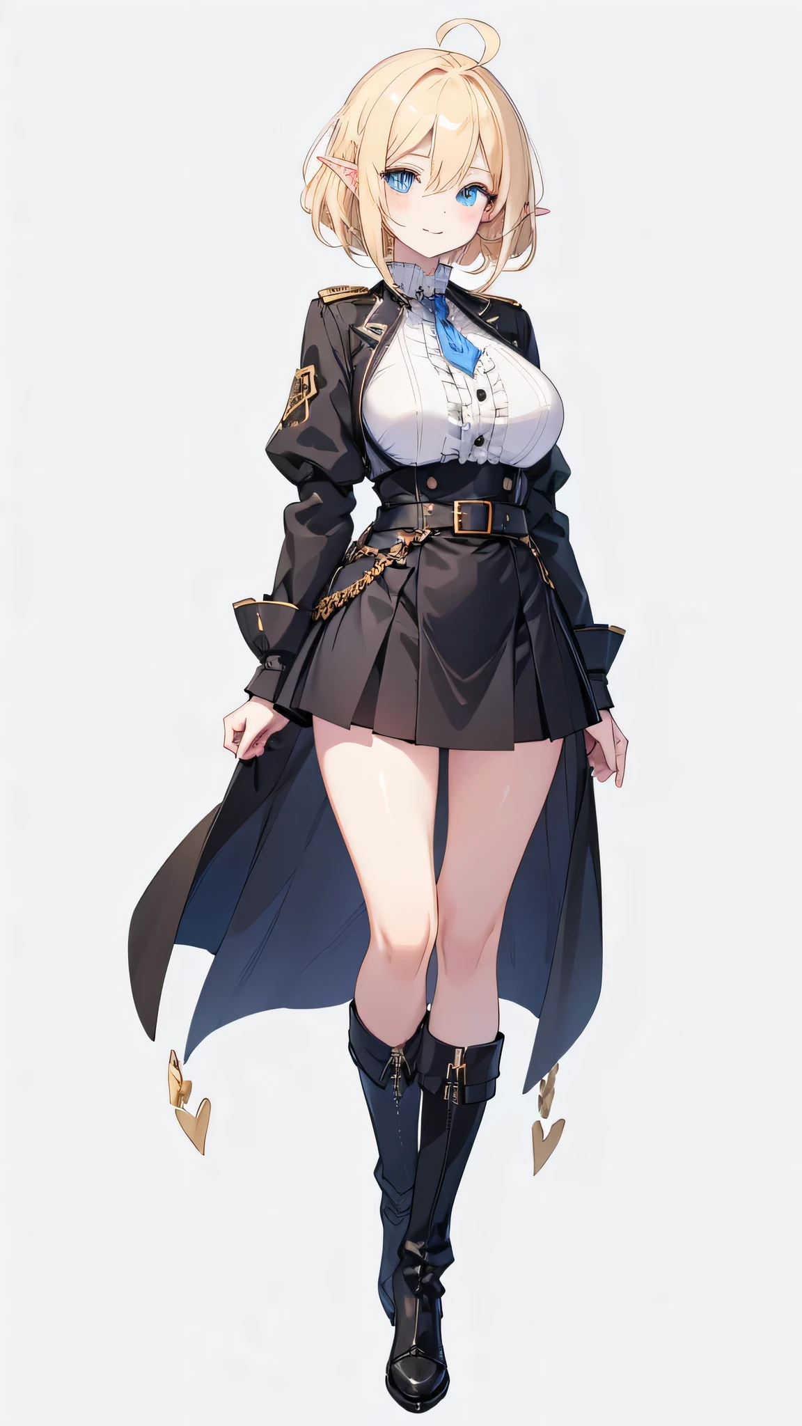 masterpiece,  best quality,((Full body portrait of one tall adult woman)),(( Standing straight )), (( Detailed Blue Eyes )), (( blonde short hair,Ahoge)), Big Breasts,(((black big hairpin ))),Elf, black thigh high socks, black boots ,black gothic military uniform,black long trench coat, Black Ruffle Skirt ,(((( no background )))),Droopy eyes,thin straight eyebrows,thick waist gun belt , white skin, looking at me,A cheerful smile, fantasy , I don't have anything in my hands ,