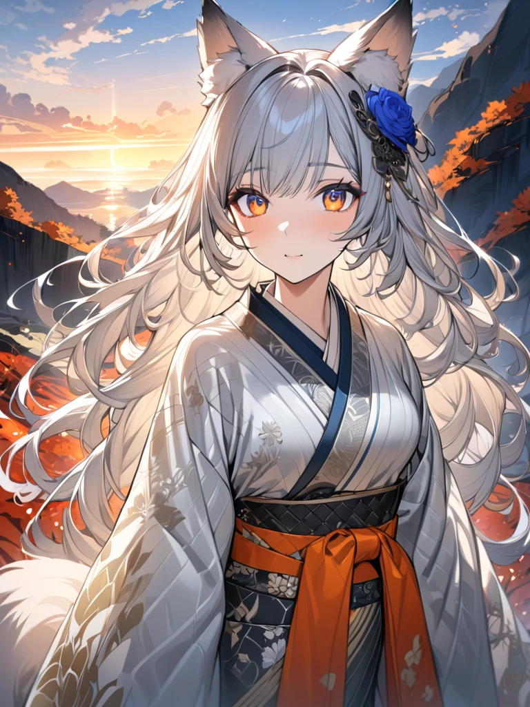 wolf ears, wolf tail, masterpiece:1.3,  anatomically correct:1.3, nsfw,  Ultra High Definition:1.3,  high definition facial:1.3, 4K:1.3, Focus: 35mm,  fantastic background:1.3, Hot spring scenery:1.3, Volcano in the distance ,  Women's Outlines Shine,super fine illustration:1.2,  1 woman:1.3, solo:1.3,  cute face,  silver hair:1.3,  long hair:1.3,  big eyes,  Orange Eyes ,  lively atmosphere , fair skin:1.2,  glamorous ,  medium breasts:1.2, break, luxurious silver kimono:1.3, Traditional Japanese Clothing, Orange belt , black embroidery on the belt , The edge of the kimono is orange , The kimono has a pattern of autumn leaves ,  golden embroidery on the kimono :1.2,  The color of the kimono is gradation,Ornate embroidery , Blue rose hair ornament :1.2,  sexy,  beauty like a goddess :1.2, Blessings from the Sky ,  perfect body for a lawn,  medium breasts:1.1, Soft Skin,  textured skin , Slim Style,  pubic skin:1.2, Shiny Hair:1.2, Transparent hair:1.2, Soft Hair,  hair color gradation , Each bundle of hair is three-dimensional ,  Fine grains of light are scattered all over the hair, 高貴にShiny Hair:1.3,  detailed face :1.3, Blue Earrings:1.1,Thick black outline:1.3