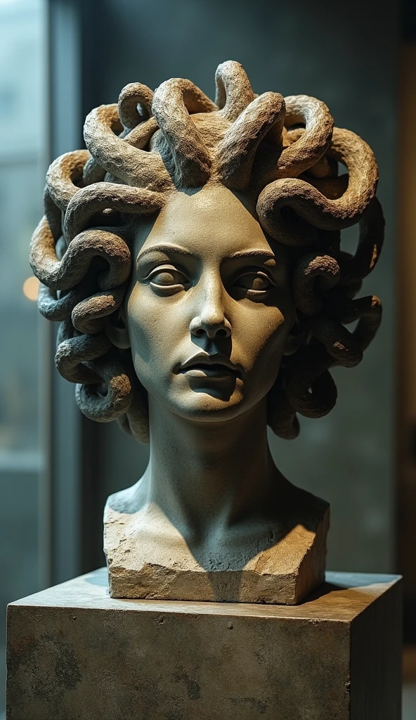 Medusa's weathered stone head with petrified snakes on a pedestal under ...