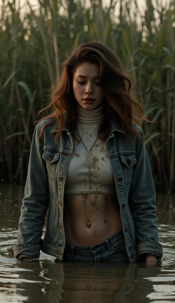 ( Best quality,4K, high definition , Realistic, vintage art 90s), close-up stuck  woman ,  plunged into a viscous messy sludge, denim jeans, denim jeans,  tight denim jacket ,dirty turtleneck, A vintage dark and mysterious , weed , Soft Lighting ,muted colors, viscous sludge, reeds, shameful pleasure, dusk weed, covered in  viscous messy sludge, brunette