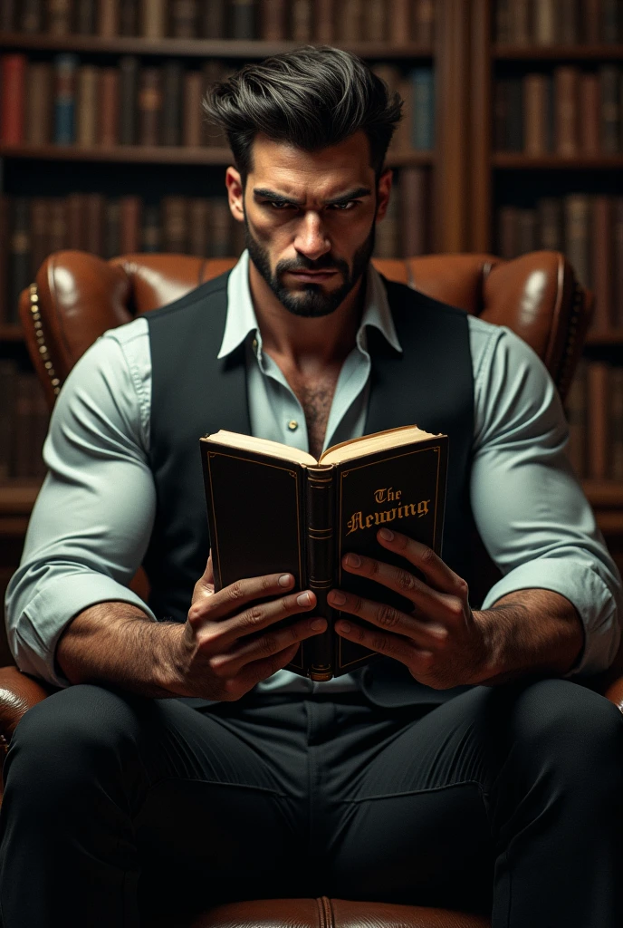 (oil painting) (full body) A victorian naked muscular beautiful men with huge bulging pecs and muscles and a gigantic uncircumcized cock portrays an worried expression as he sits in a chair in his office while reading a strange ominous red book