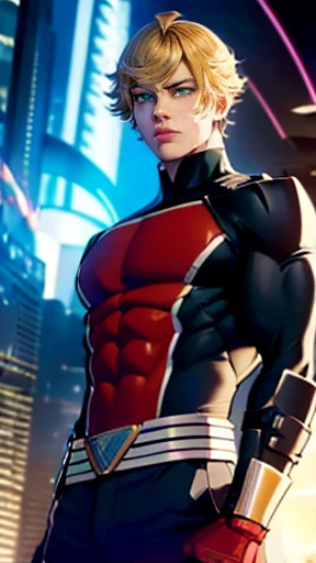 (High-definition CG), (  best quality),     is a superhero and has a beautiful body,   hero costume   ,  Handsome and good-looking young man  ,       Slim and Muscular      , My skin is brown  ,   blonde alone, Frivolous